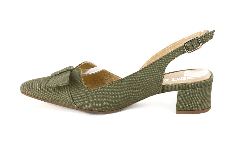 Khaki green women's slingback shoes. Tapered toe. Low flare heels. Profile view - Florence KOOIJMAN
